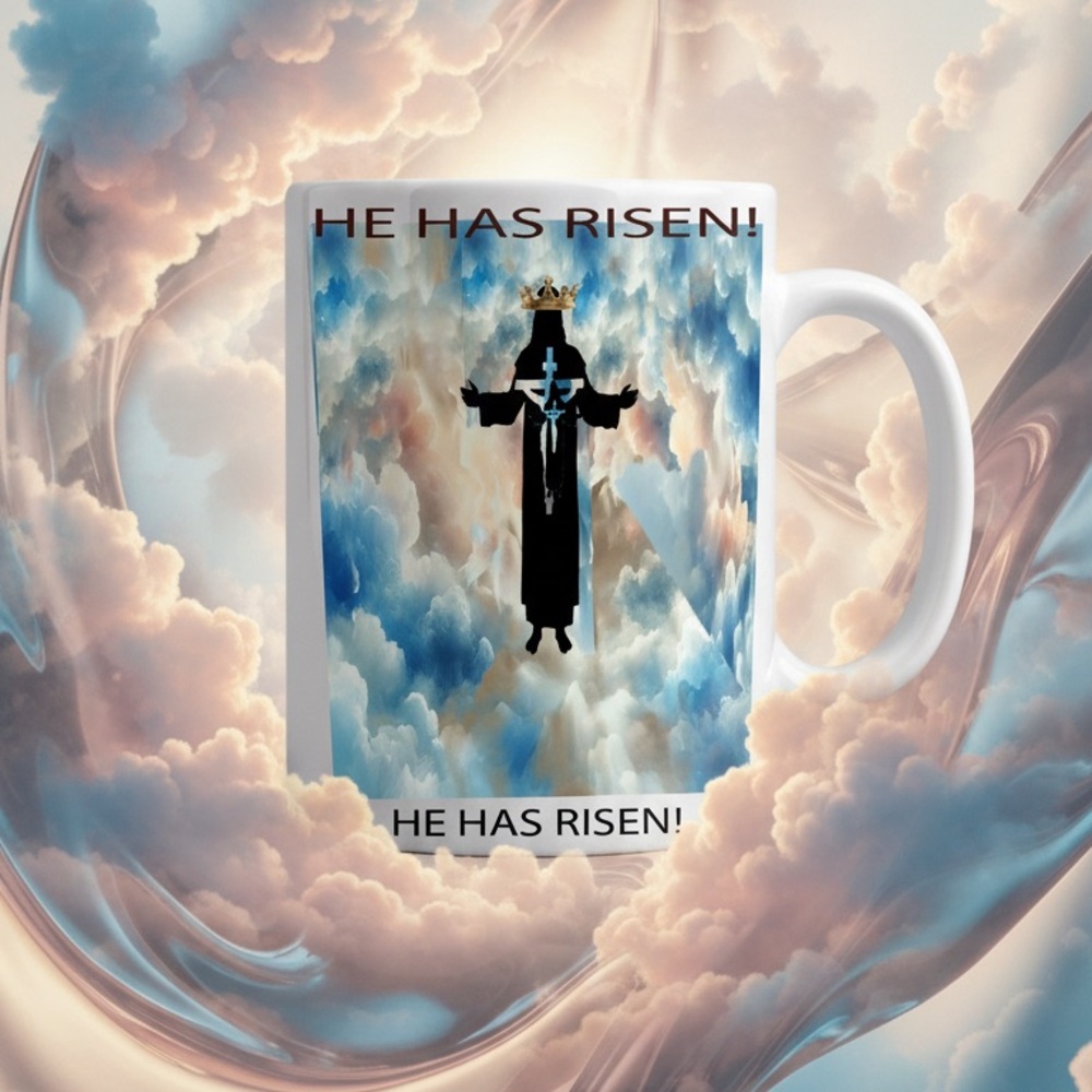 He Has Risen! Religious Coffee Mug with Crowned Cross Silhouette